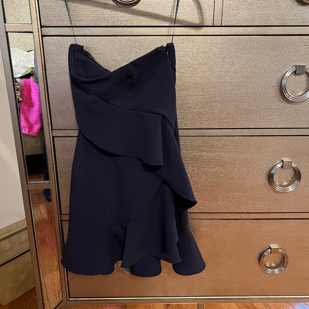 Strapless ruffle navy blue mini dress